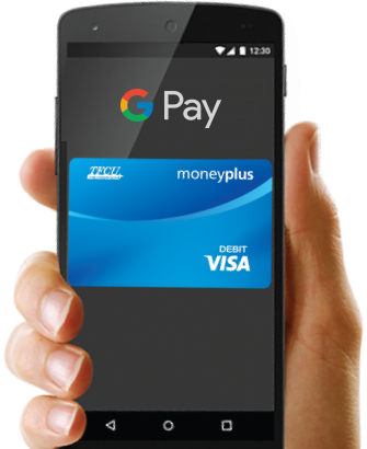 Hand holding a phone displaying TFCU MoneyPlus card and Google Pay