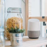 A smart voice device on a kitchen counter